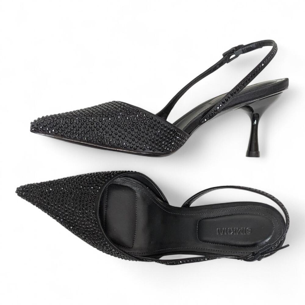 Black Crystal Slingback Kitten Heel Pointed Toe Dainty Glam Minimalist, sz 6 NEW
